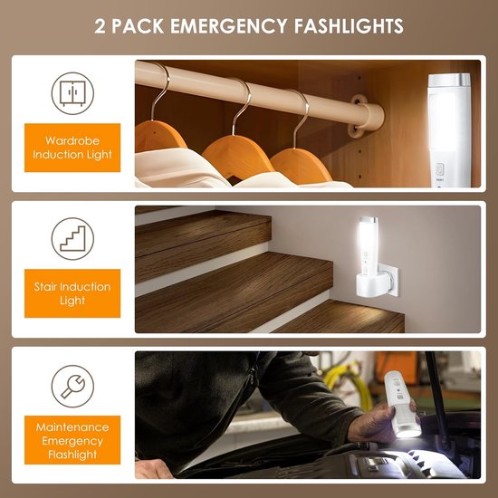 Twee LED-nachtlampjes, met stekker, 4 functies: nachtlampje met bewegingssensor, oplaadbaar basisstation, noodverlichting (stroomuitval), zaklamp en werklamp, noodverlichting voor gangen, trappenhuizen en slaapkamers. — afbeelding 3