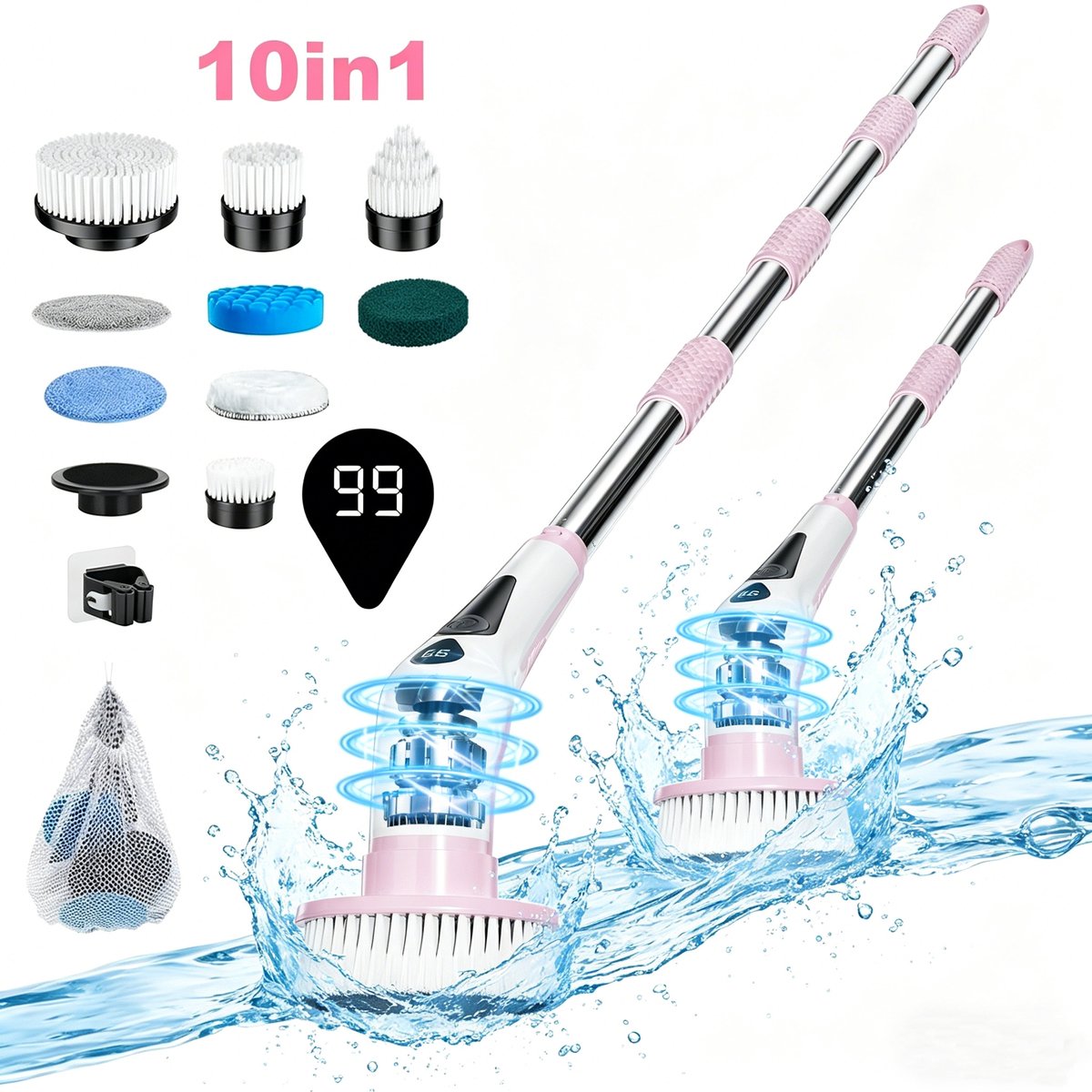 Prasky elektrische schoonmaakborstel SLO1A-keuken-badkamer-9 verwisselbare borstelkoppen-30 tot 126 cm verlengbare steel-LED batterij-indicator-roze