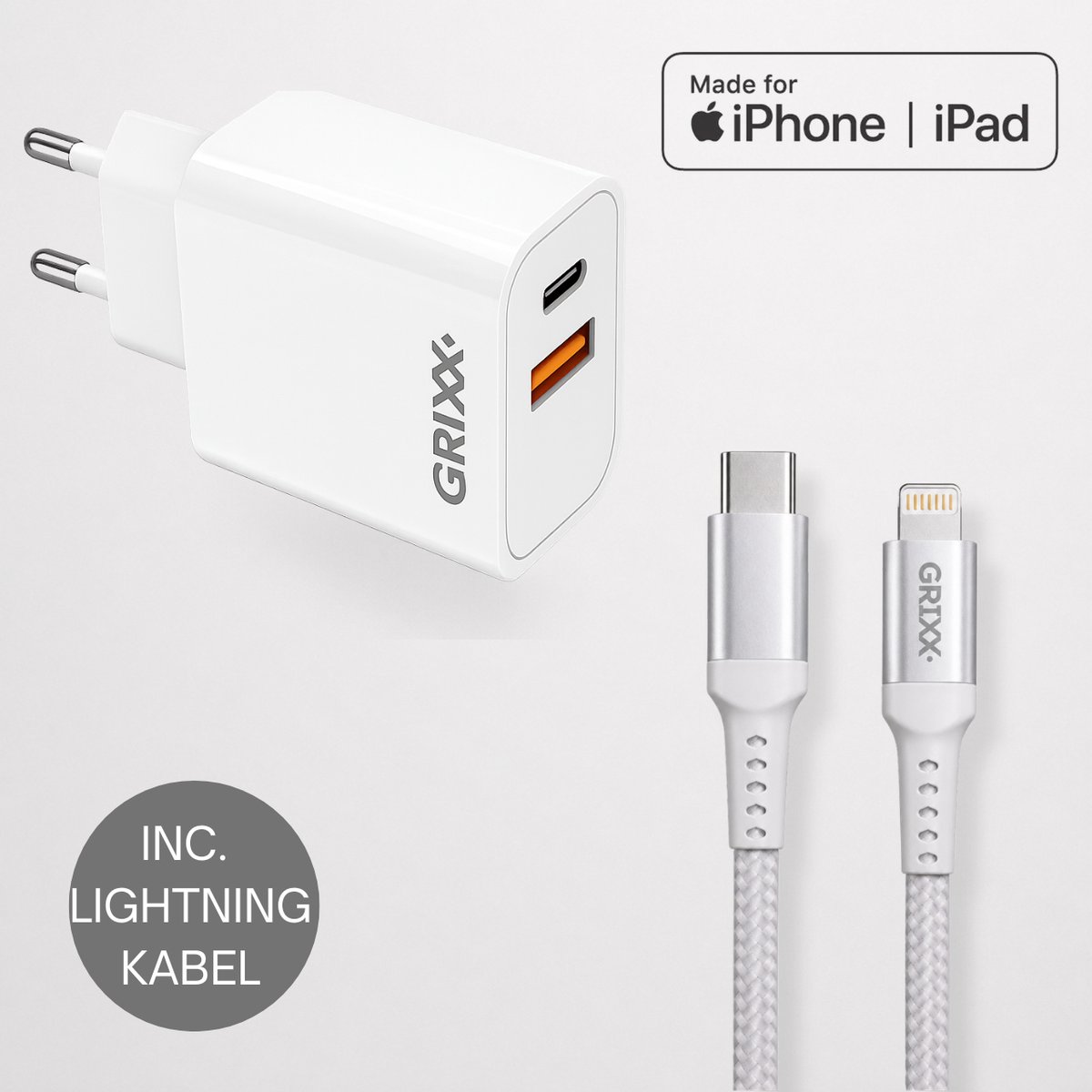 GRIXX Apple Oplader Bundel – 20W USB-C Snellader + Lightning naar USB-C Kabel 2 Meter – MFi – Power Delivery – Geschikt voor iPhone & iPad – Wit