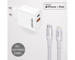GRIXX Apple Oplader Bundel – 20W USB-C Snellader + Lightning naar USB-C Kabel 2 Meter – MFi – Power Delivery – Geschikt voor iPhone & iPad – Wit