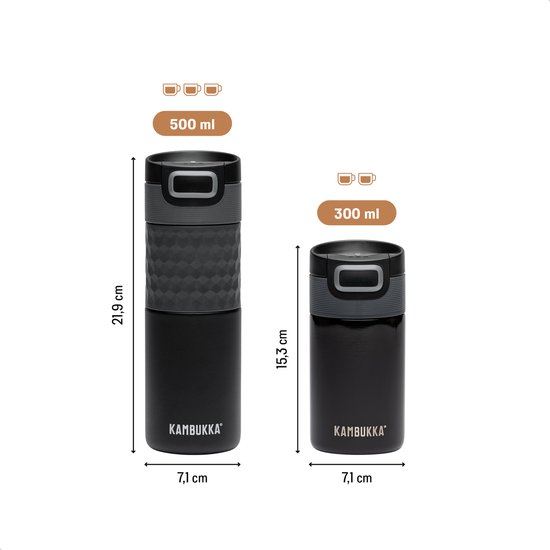 Dimensions des thermos Kambukka noirs de 300 ml et 500 ml.