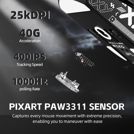Draadloze Gamingmuis - PC Muis Gamer Muis - Gaming Prestaties - PixArt PAW3311 Sensor - 62 gram - Zwart & Tape — afbeelding 3
