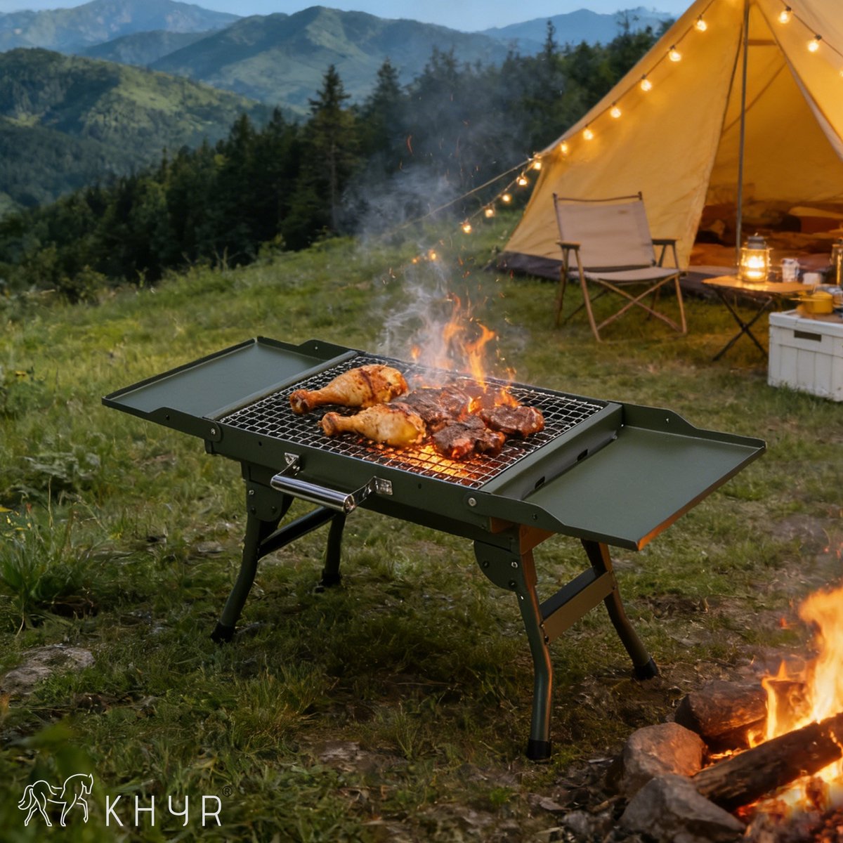 KHYR® CARRYFIRE BBQ Grill – NIEUW mei 2026 - Opvouwbare Draagbare Houtskool BBQ Grill – Portable Camping Barbecue – Tafel Barbeque - Draagbare Grill met Zijtafels – 45 x 30 cm Grilloppervlak – Voor Camping, Tuin, Outdoor BBQ - incl. Grijp spatel thumbnail 5