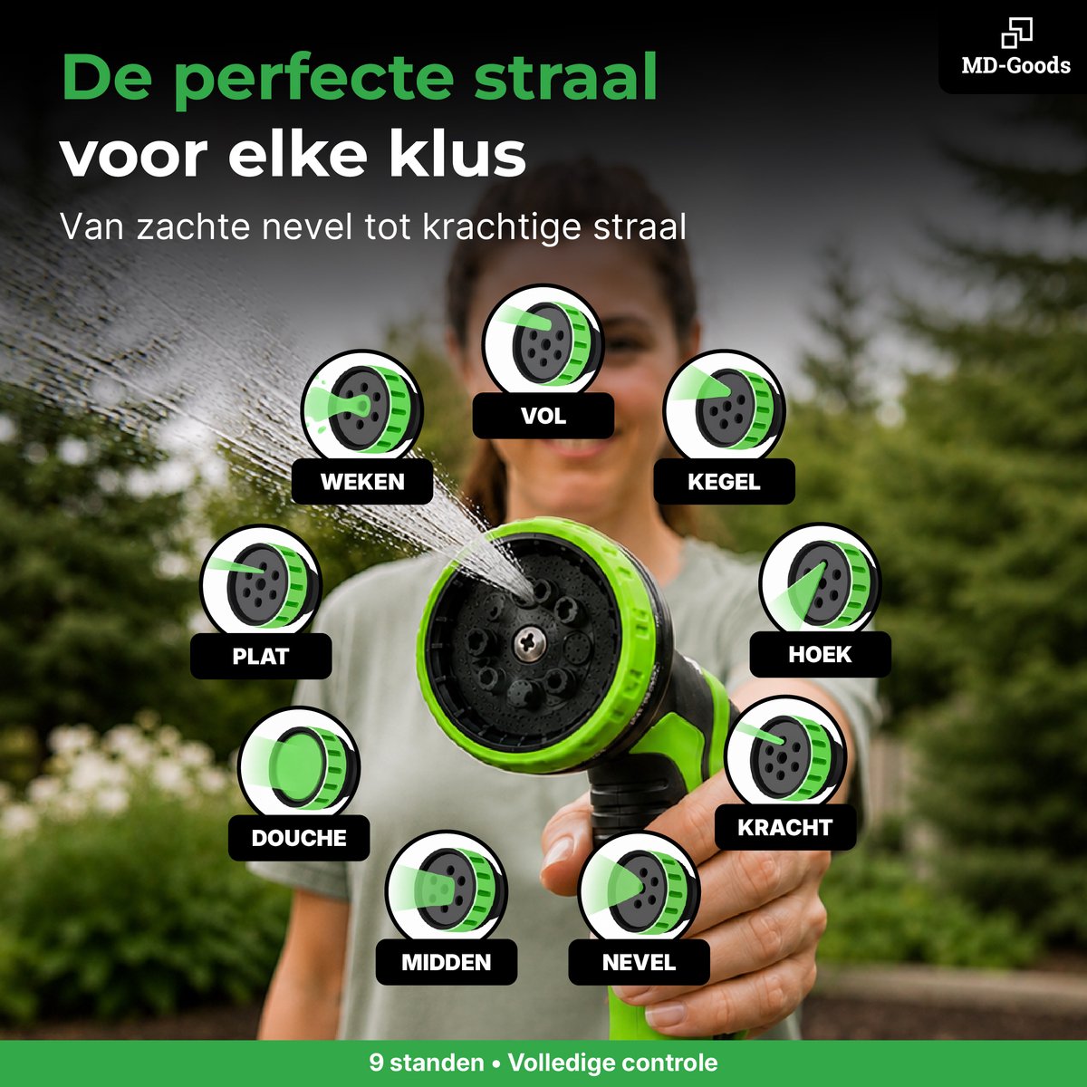 MD-Goods Flexibele Tuinslang tot 30 Meter + Sproeikop, opbergtas en koppelstukken - uitrekbare Waterslang - Zwart/Groen thumbnail 5