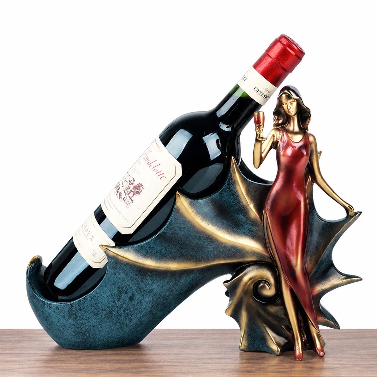 Exclusieve Wijnfleshouder - Zeemeermin - Kunsthars - Aqua - Rood - Blikvanger - Wijnaccessoire - Cadeau wijnliefhebber - Woondecoratie - Wijnrek - Wijnflessenhouder - Flessenhouder - Drankfleshouder - Vaderdag - Moederdag - Verjaardag - Groen - Blauw