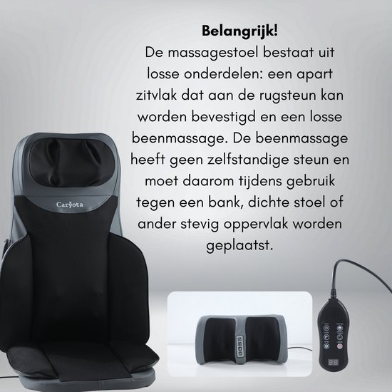 Zwart massagekussen met grijze accenten, een apart beenmassage-apparaat en een afstandsbediening.