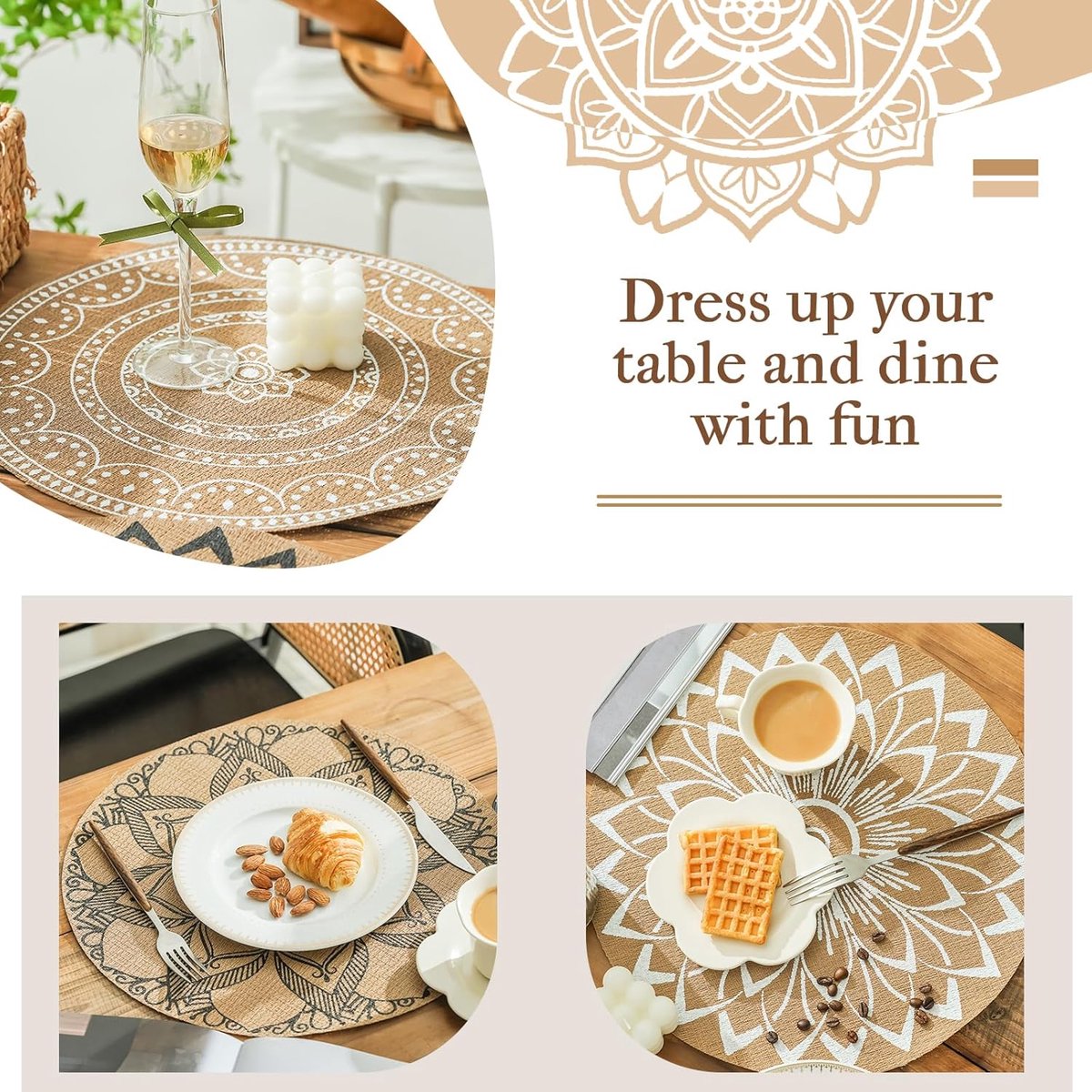 Placemat - Bohemian Ronde Placemat Set - Wasbaar Hittebestendig en Waterdicht - Mandala Jute Tafelmat - Geschikt voor Koffiemachine en Eettafel - Zijdeprint Licht Luxe - Set van 6 Stuks — cadeau in Wonen & Interieur - foto 3