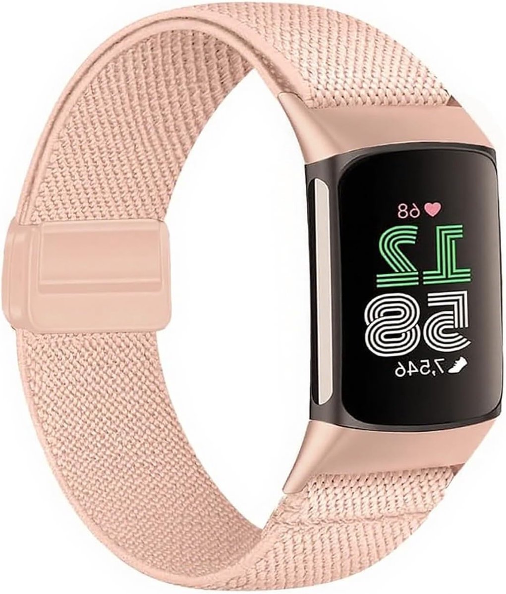 Zachte, Ademende en Verstelbare Sportieve Nylon Horlogeband voor Fitbit Charge 6/Charge 5 - Geschikt voor Mannen en Vrouwen - Roze, Comfortabel en Duurzaam