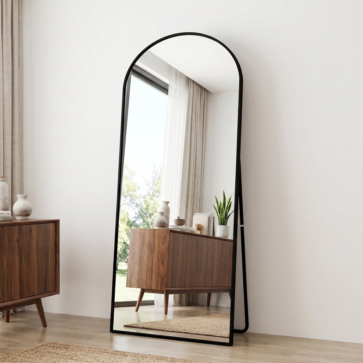Grote, Gebogen Spiegel van 180x80 cm, Minimalistische Vrijstaande Spiegel, Grote Staande Spiegel, Gebogen en Hangend, Elliptisch, Zwart (Zwart, 180x80 cm)