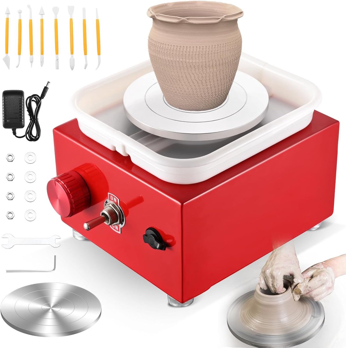 VHV - Pottenbakkersschijf - Elektrische pottenbakkersschijf - Pottenbakken set - Instelbare snelheid - 2000 RPM - Met boetseergereedschap - Voor beginners en volwassenen - Rood