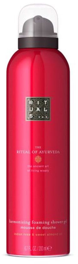 Rituals Ayurveda doucheschuim met Indische roos en zoete amandelolie in een rode spuitbus.