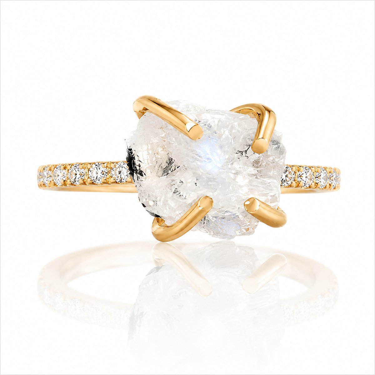 Natuursieraad - 925 sterling zilver ruwe maansteen gold plated ring maat 19.00 mm - luxe edelsteen sieraad