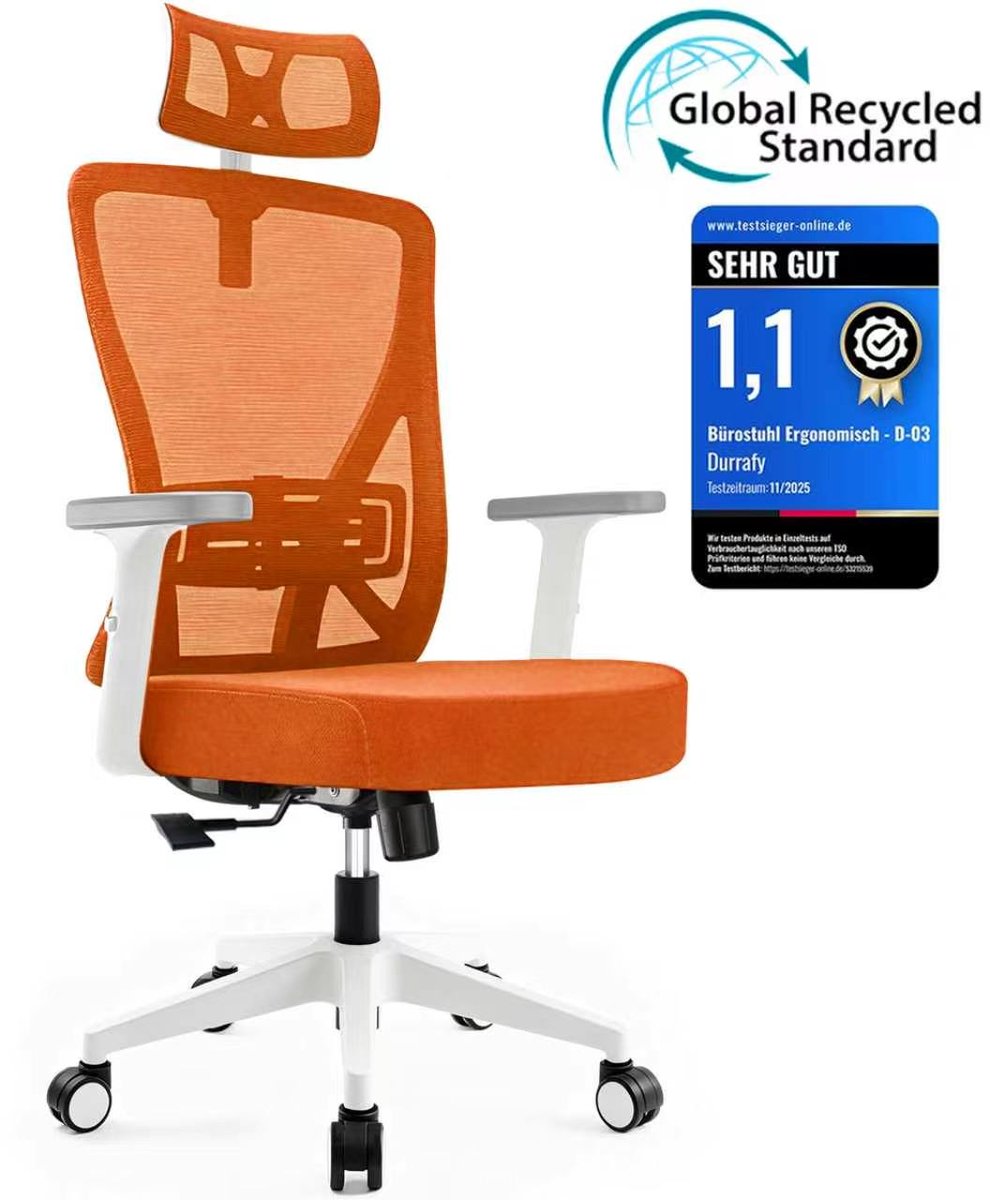 Durrafy® Ergonomische Bureaustoel - Bureaustoel - Office Chair - Bureaustoelen voor Volwassenen met Verstelbare Armleuningen & Hoofdsteun - Verstelbare Lendensteun (±6 cm) - Computerstoel met 90°-135° Kantelbare Rugleuning - Max. 155 kg - oranje