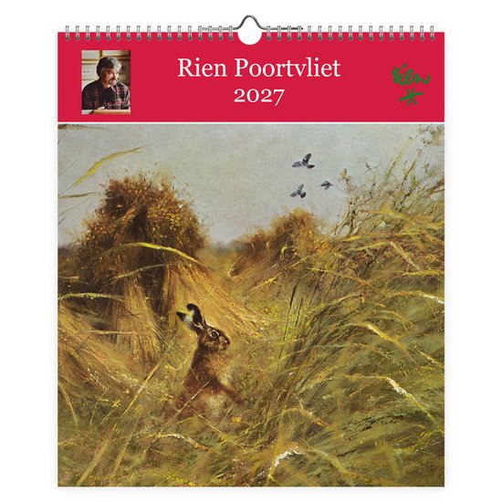 Kalenderblad met een haas in het hoge gras, omringd door graanoppels en vliegende vogels. Tekst: Rien Poortvliet 2027.