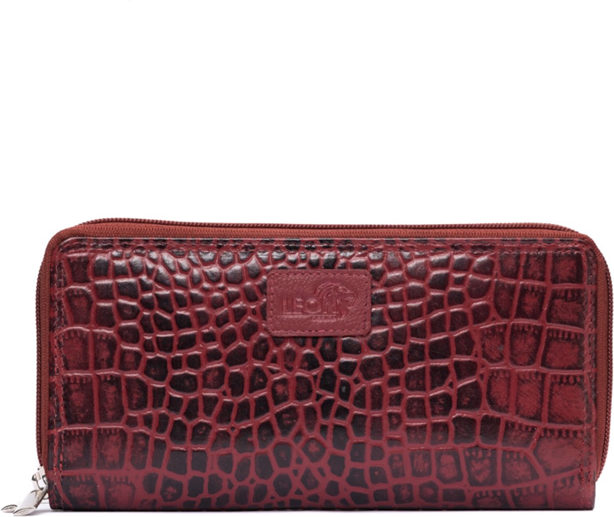 LeonDesign - Portemonnee dames - Ruimte voor 29 pasjes - Handgemaakt & Croco rood leer - Portefeuille dames met dubbele rits