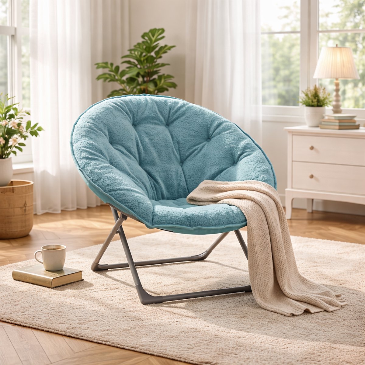 Ligstoel - Fauteuil - Opvouwbaar - Papasan stoel - Maanstoel - Ronde stoel - Relaxstoel - Loungestoel - Comfortabele TV-stoel - Blauw