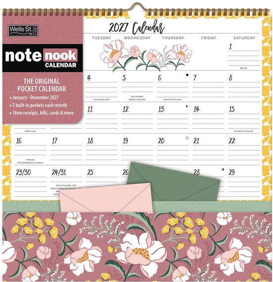 Gedetailleerde weergave van de maand maart 2027 van de 'note nook' kalender met bloemen en enveloppen.