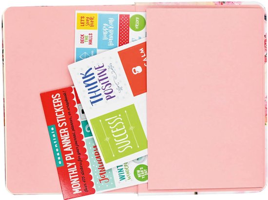 Agenda met maandelijkse stickers, waaronder 'Success!', 'Think Positive' en 'Happy Hanukkah'.