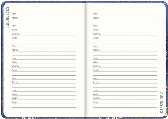 Agenda met adressenlijsten en een sectie voor verjaardagen, jubilea en datums om te onthouden.