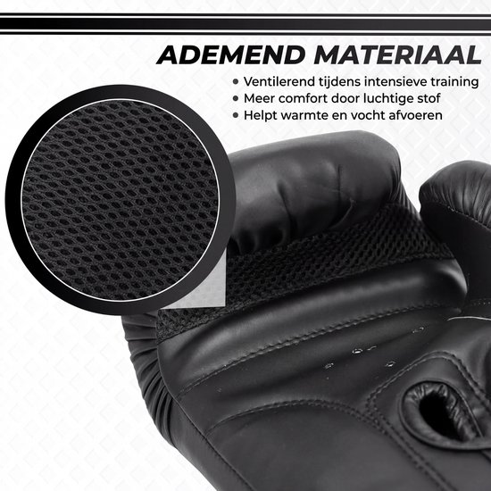 Close-up van ademend mesh-materiaal op een zwarte bokshandschoen, met details van ventilatie.
