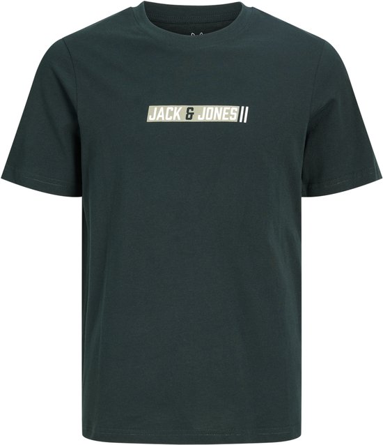 Donkergroen jongens T-shirt met 'JACK & JONES ||' opdruk op de voorkant.