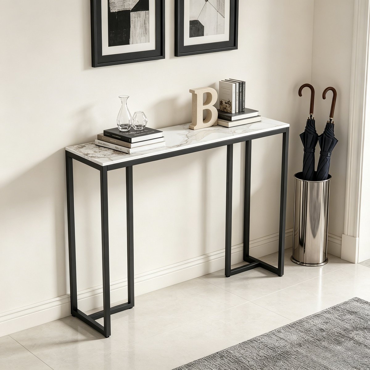 FATIVO Consoletafel marmerlook- Haltafel - Wandtafel - Metalen frame - Wit met grove aders - 100 × 30 × 78.5 cm - Voor Hal, Woonkamer
