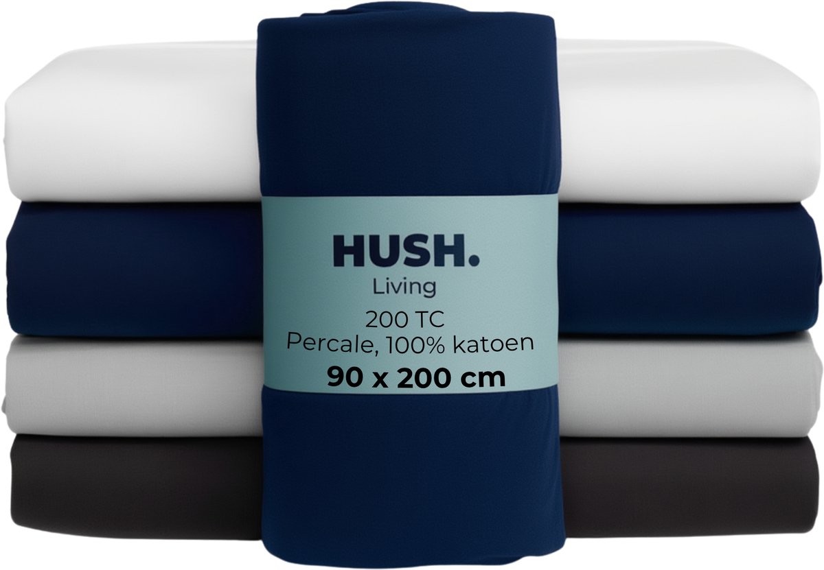 HUSH Living Hoeslaken percale - 100% katoen - 200TC - extra fris en koel - sterk en slijtvast - elastiek rondom - 90x200+30cm - navy