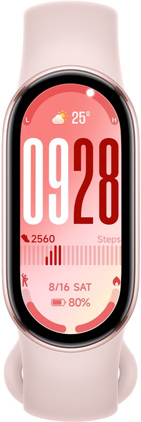 Lichtroze Xiaomi Smart Band met een rosegoudkleurig frame en een digitaal display dat 25 graden, 09:28, 2560 stappen en 80% batterij toont.