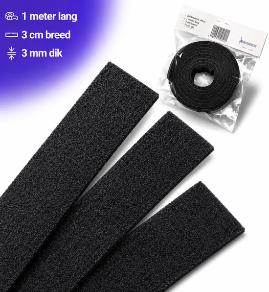 Drie zwarte viltstrips van 1 meter lang, 3 cm breed en 3 mm dik. Inclusief een rol verpakt vilt.