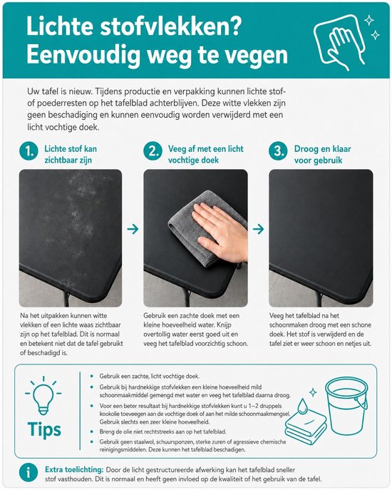 Zwarte tafel na het schoonmaken met een vochtige doek. Drogen en klaar voor gebruik.