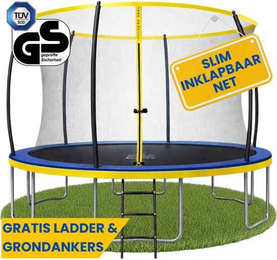 Zero Gravity trampoline Ø 427 cm – kindertrampoline met slim opvouwbaar veiligheidsnet – incl. ladder en grondankers – max. 150 kg - ronde tuintrampoline - Ultima 4 Fun Edition