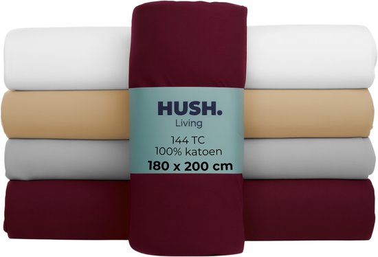HUSH Living - Hoeslaken 180x200+30cm - 100% katoen, 144TC, soepel en ademend - elastiek rondom - bordeaux