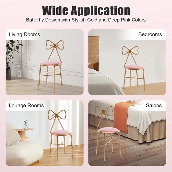 Make-upstoel Fluwelen - Kapstoel Meisjes - Comfortabel Zitten - Stabiele Metalen Frame - 45cm Zithoogte - Donker Roze — afbeelding 4