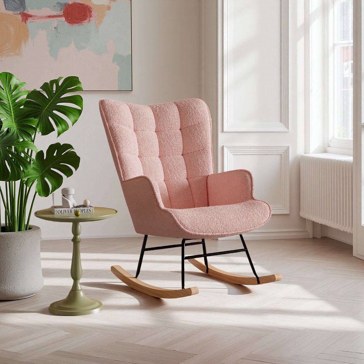 ROSAHQNDA Schommelstoel - Relaxstoel babykamer - Fauteuil met kussen- Schommelstoel met hoge rug - Massief houten en metalen frame - Roze