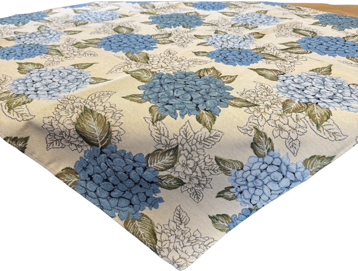 Tafelkleed - luxe gobelinstof - Hortensia - Blauwe Bloemen - Vierkant 100 x 100 cm