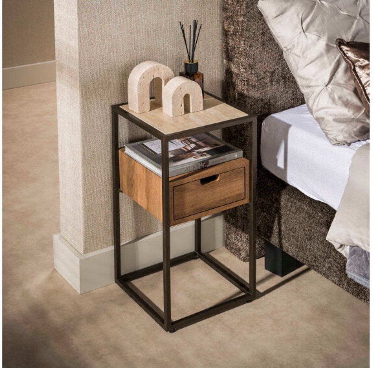Meubelplaats Tavello XS - Nachtkastje - 1 lade - Keramiek travertinlook - 30 cm breed - Japandi - 30x30x60 cm Beige