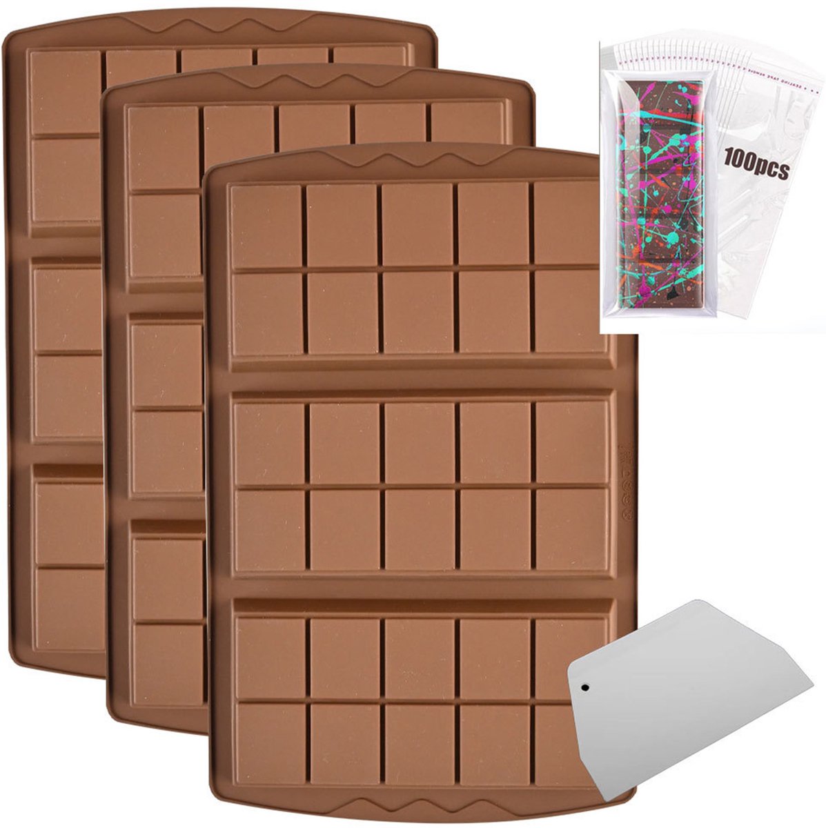 Chocoladevorm Set 3-delig - Grote Rechthoekige Siliconen Chocoladevorm - IJsblok & DIY Bakvorm - Inclusief 100 Zakjes en Schraper
