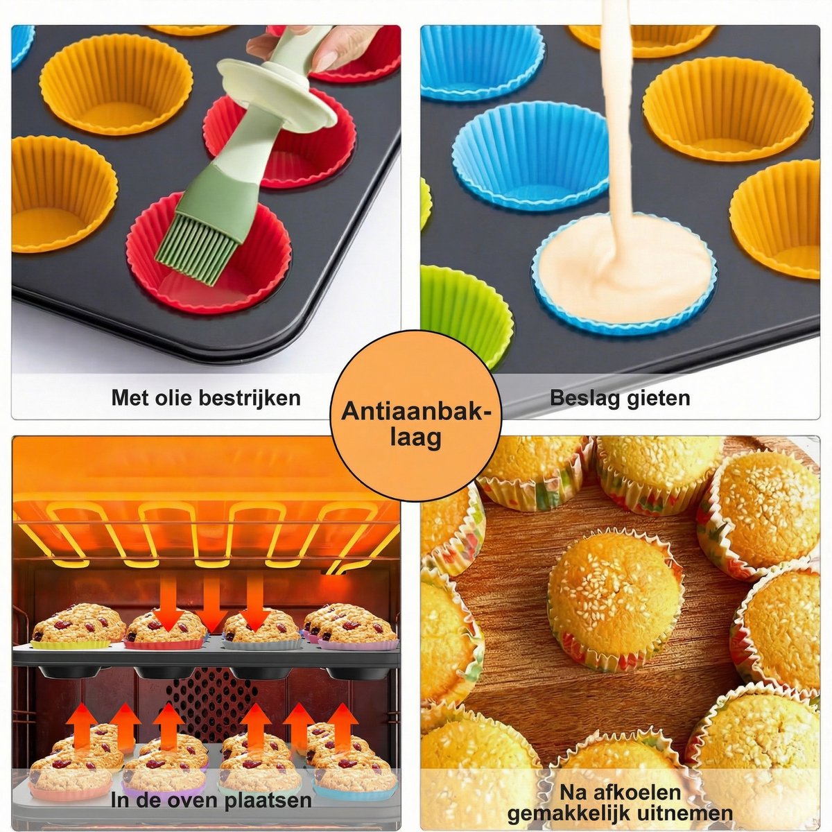 Bakplaat & Muffinvormen - 2x 12-Vaks Ronde Muffin Bakvorm Set|Anti-aanbak Koolstofstaal Bakplaat + 24 Siliconen Cups|Bakken & Dessertvorm – foto 5