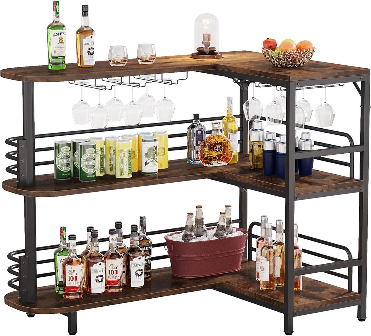 JAQZY Bartafel - L-Vormig - Met Wijnglazenhouder - 3 Opbergplanken - Beschermende Zijrails - Verstelbare Pootjes - 129x46x110 cm
