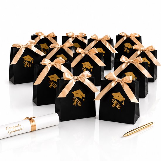 Afstudeer Cadeaudoosjes Set – 10 Stuks Luxe Geschenkdozen met Strik – Zwart & Goud Graduation Thema – Cadeau Verpakking Diploma Geslaagd
