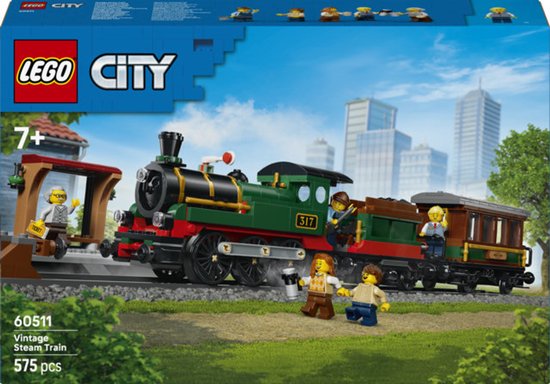 LEGO® City Vintage Stoomtrein - Bouw- en Speelset voor Kinderen - Stoomtreinmodel met Kolentender, Passagierswagon en Perron - Cadeautip voor Treinliefhebbers Vanaf 7 Jaar - 60511