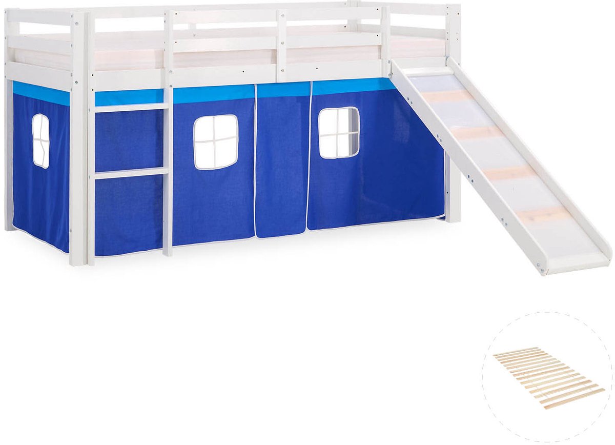 Homestyle4u Hoogslaper - 90x200 cm - Lattenbodem - Blauw Wit