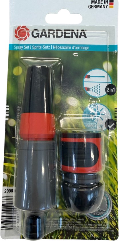 Gardena spuitset met waterstop, met rode en zwarte spuitkop en adapter. Gemaakt in Duitsland.