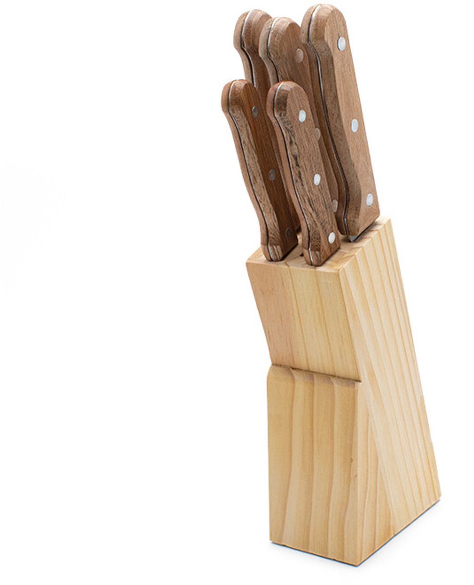 Michelino Messenblok Set 6-delig – Messenset Keuken – Keukenmessen Set met Houten Blok – RVS Messen – Koksmes, Broodmes & Schilmes – Messenset met Blok