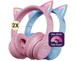 HappyCase Popz - Duo Pack Kinder Koptelefoon Draadloos - Kattenoortjes - Koptelefoon Voor Kinderen - Ledverlichting - Ingebouwde Microfoon - Over-Ear - 85db volumebregrenzer - Bluetooth - Blauw & Roze