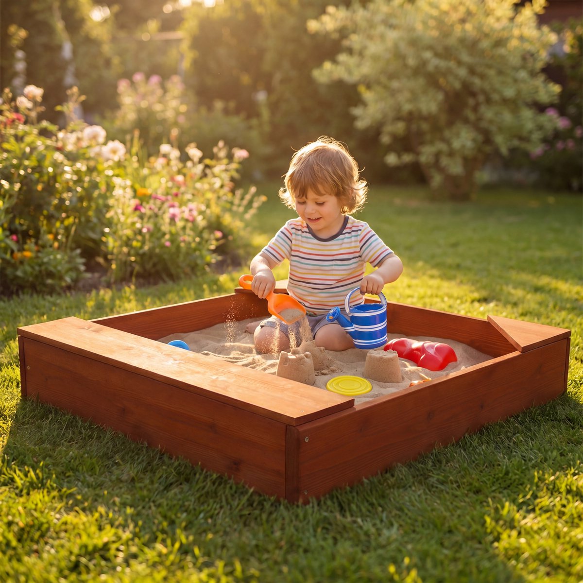 Outbee Zandbak - Zandbak met deksel - Hout - Incl. Afdekzeil - Zitplekken Voor Kinderen - 102x96x15cm — afbeelding 4