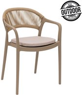 Beige tuinstoel met zitting en rugleuning van gevlochten touw, met 'Kick Outdoor Collection' logo.