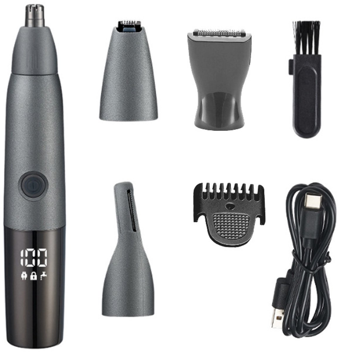 Neushaartrimmer voor heren, 4-in-1 neushaartrimmer met led-display, USB-oplaadbaar, oorhaartrimmer, wenkbrauwen, gezichtshaartrimmer voor mannen en vrouwen, IPX7 waterdicht