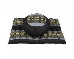 Meditatieset Zafu & Zabuton grijs zwart – hard & stevig kapok – rond meditatiekussen met meditatiemat – ergonomische zithouding – yoga & meditatie