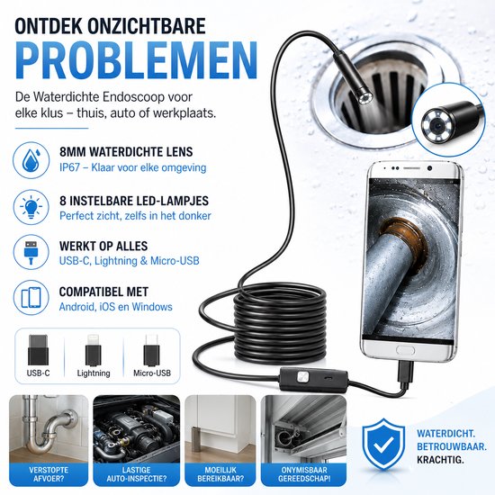Endoscope - Caméra d'inspection USB - Outillage d'inspection - Tête 8 mm - HD flexible - Câble 5M - waterproof - Siècle des Lumières 8 LED - adapté pour iPhone